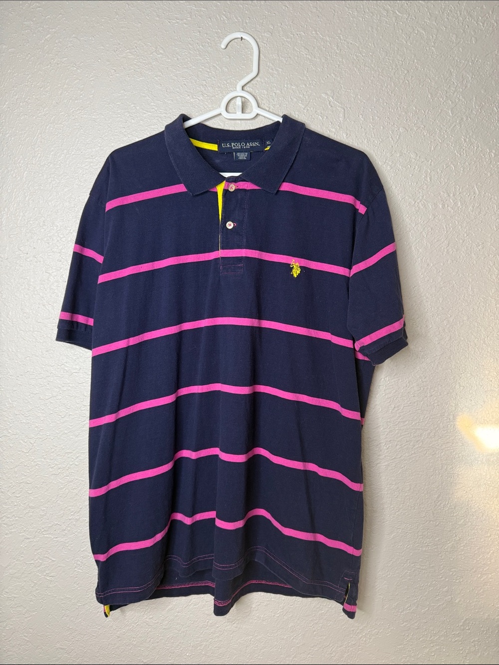 Vintage U.S. Polo Assn. Navy Polo with Pink Stripes and Yellow Logo